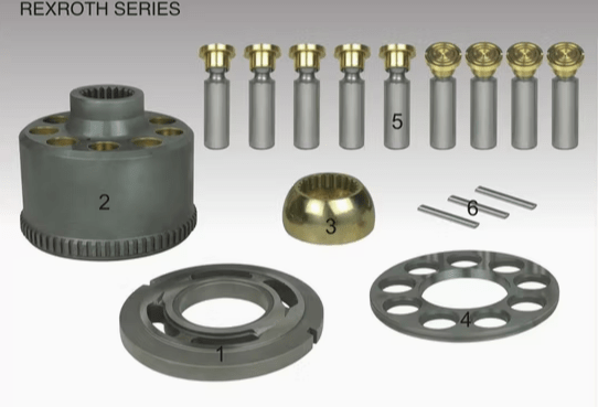 alt="Precision-machined parts like set plates, center pins, and half rings in Rexroth A2F500 repair kit" />