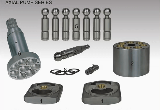 "Complete view of Rexroth A2F500 pump repair kit with key components like pistons, valve plates, and seals" />